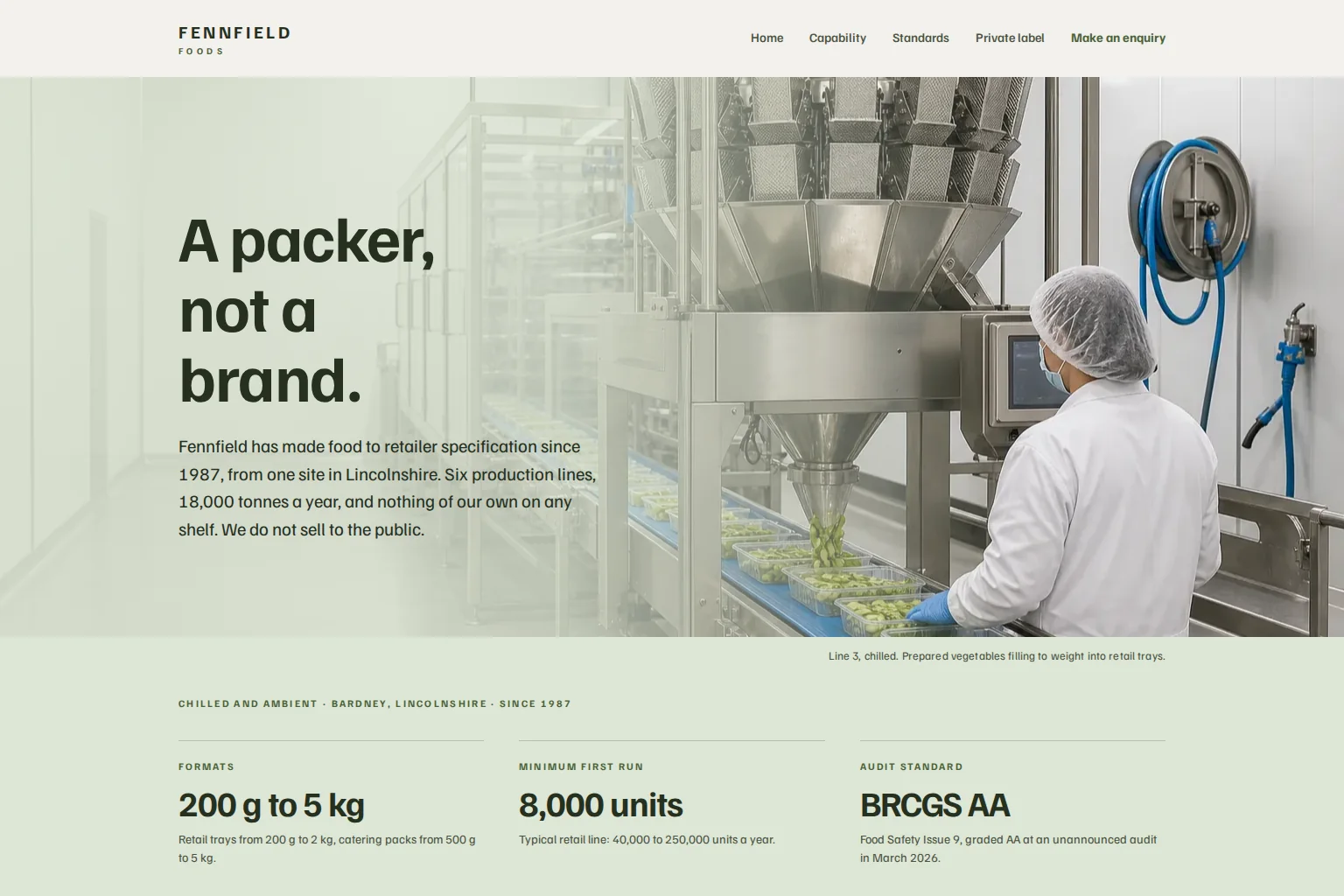 Concept homepage for Fennfield Foods, a food processing and packing website
