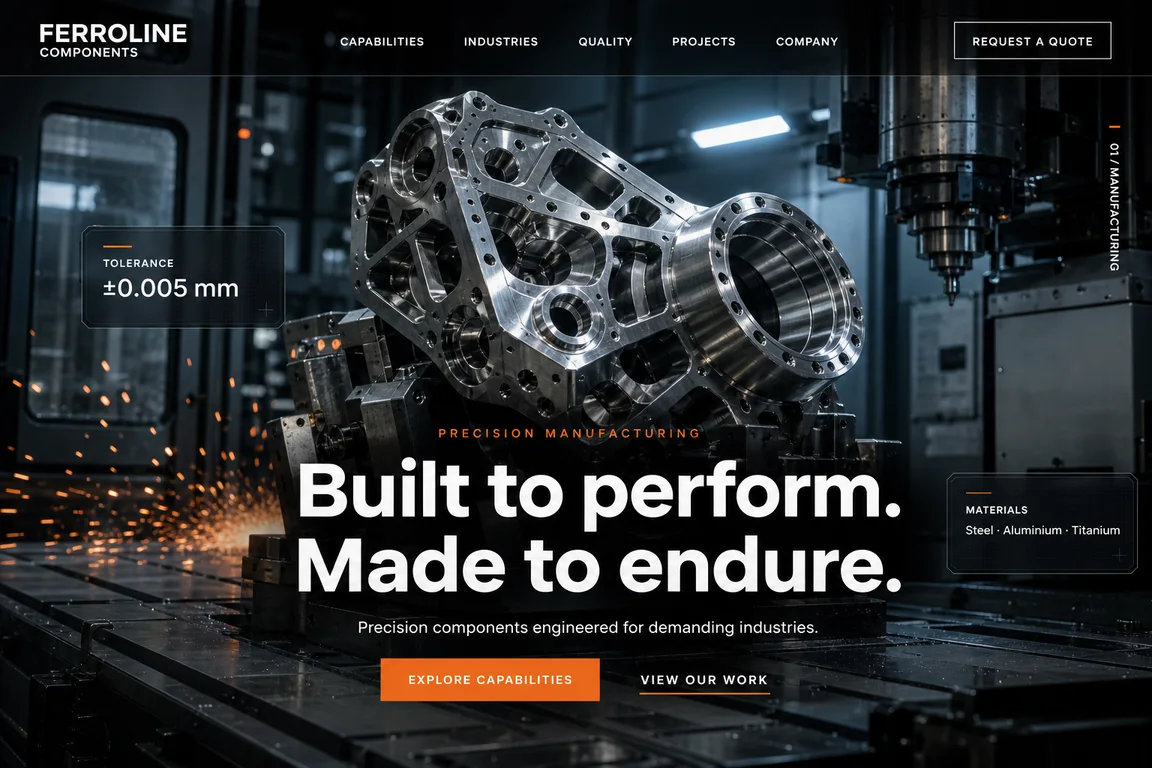 Concept homepage for Ferroline Components, a precision manufacturing website