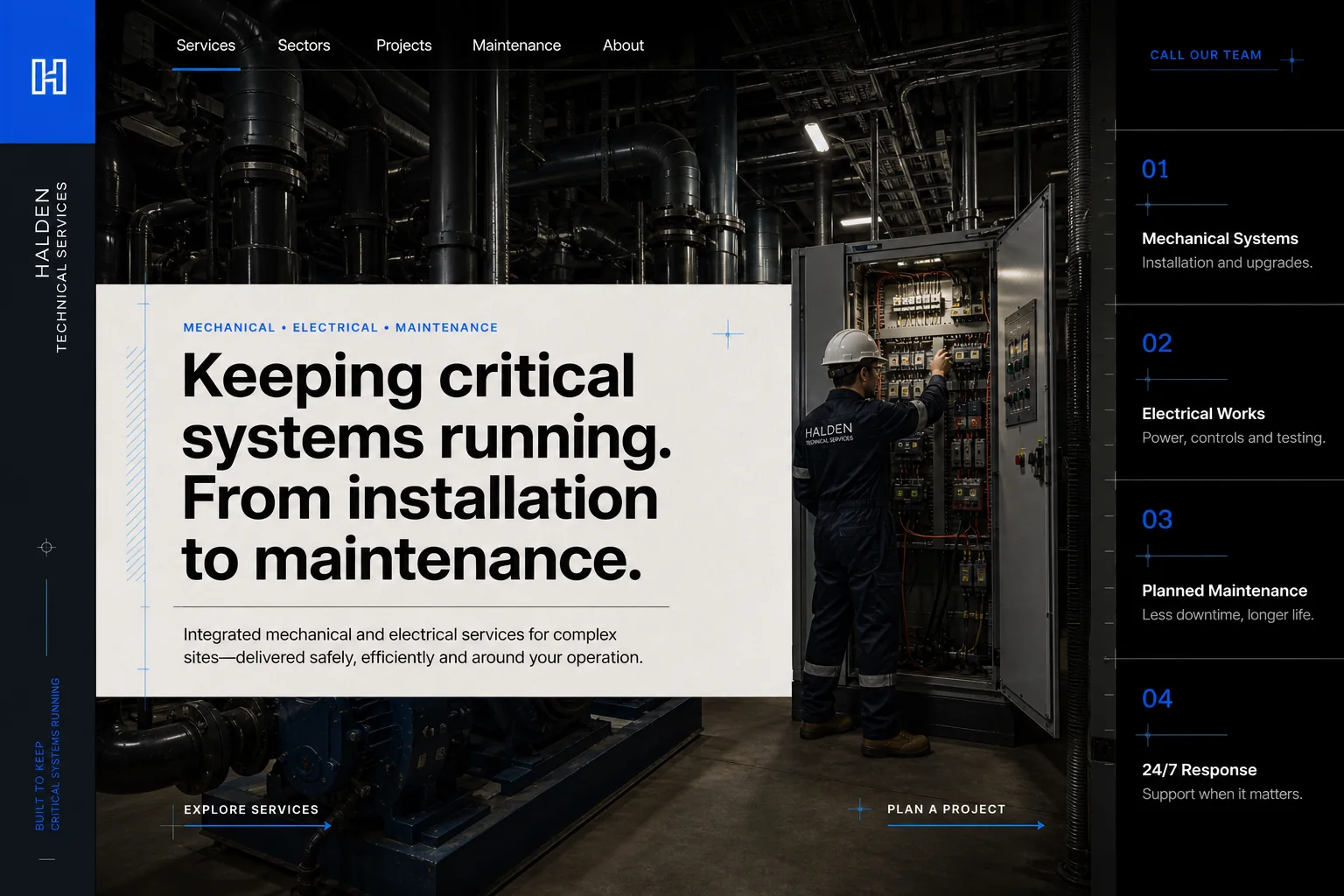 Concept homepage for Halden Technical Services, a mechanical and electrical maintenance website