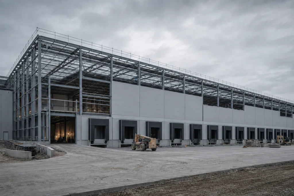 A regional distribution hub under construction, cladding half complete