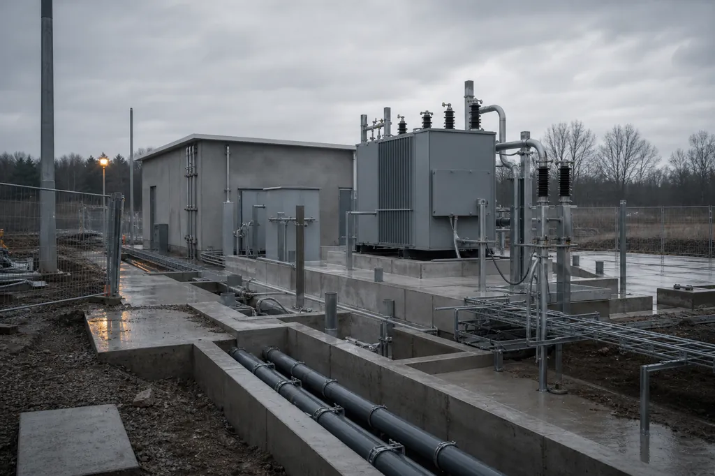 A utility substation being rebuilt, with exposed conduit and new concrete