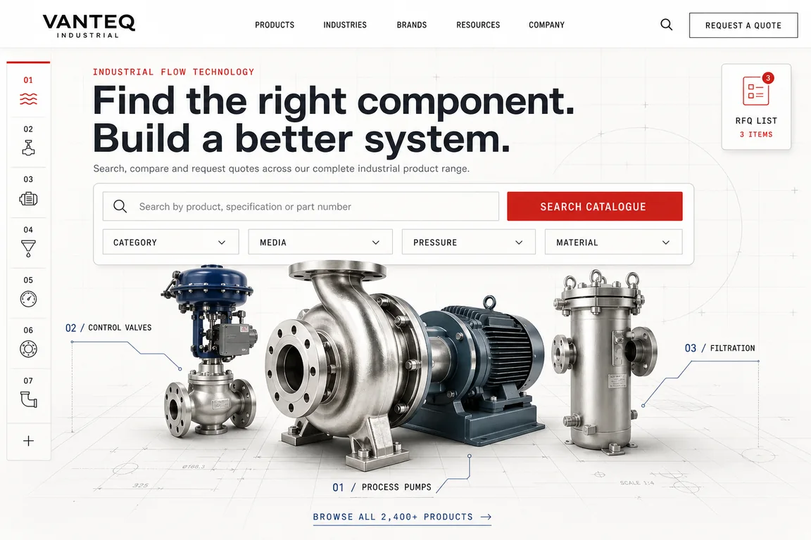 Concept homepage for Vanteq Industrial, a B2B product catalogue website